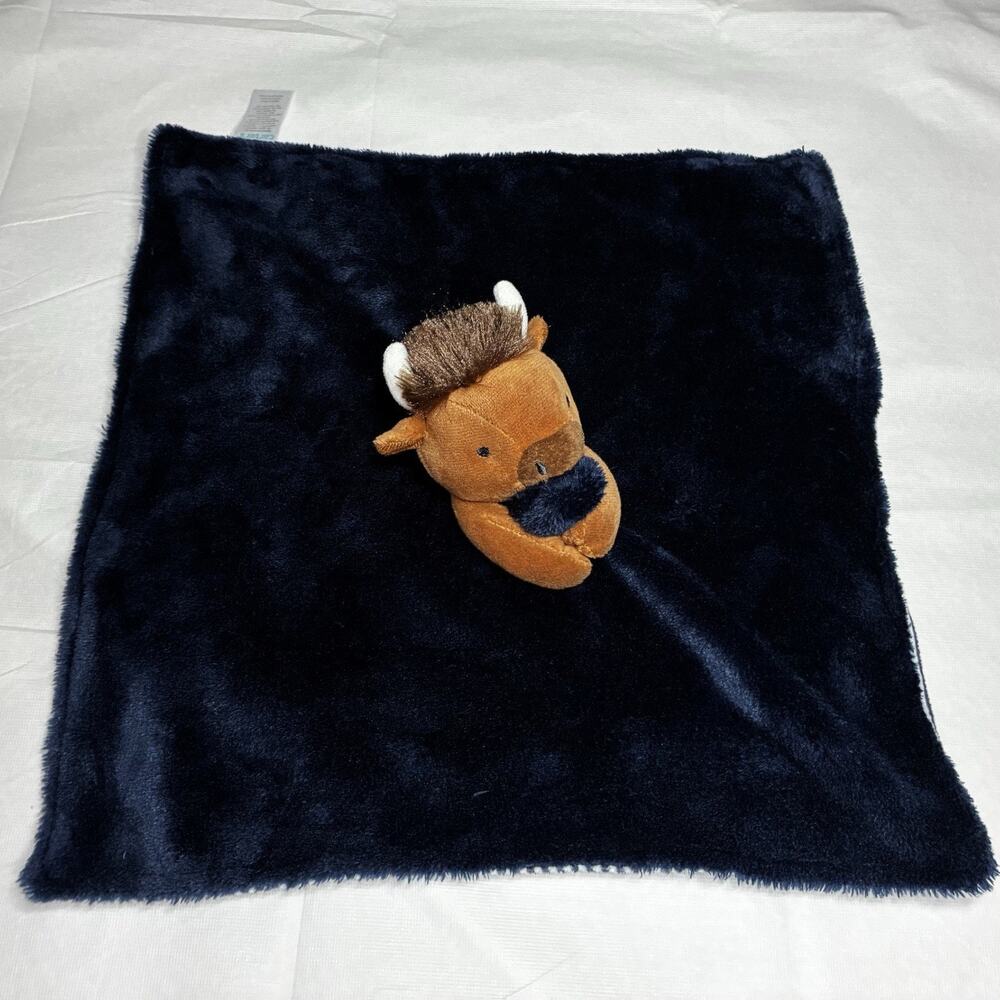 Carters Navy Brown Buffalo Lovey Bison Bull Baby Blanket Striped Back 2022